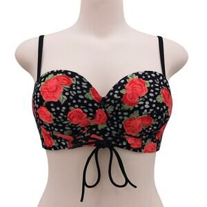 Betsey Johnson Dark Floral Print Rockabilly Style Bikini Top Size S